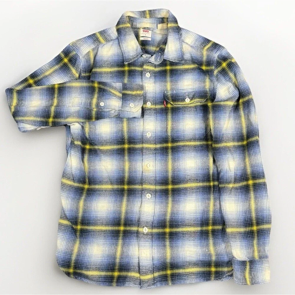 Levi’s Flannel Shirt Blue Yellow Plaid Standard Fit Button Down Cotton‎ Men’s S